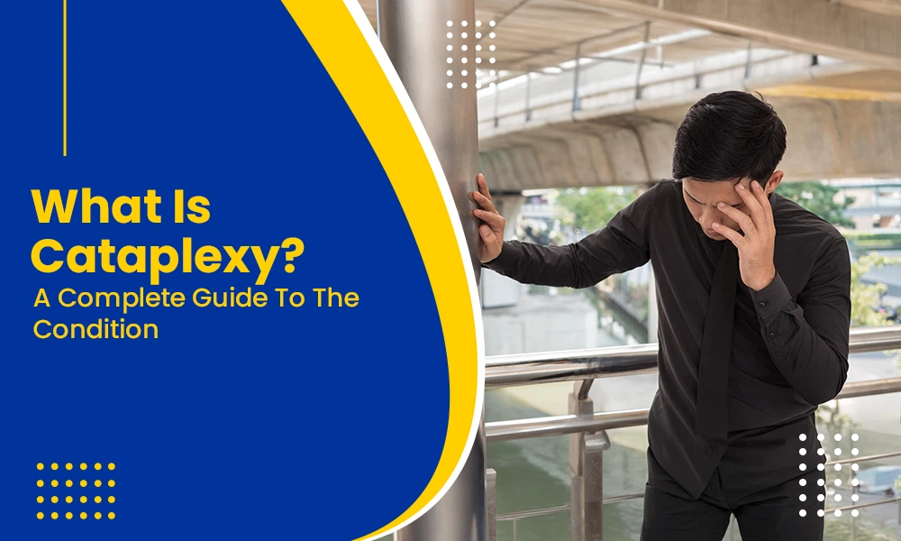Cataplexy guide showing a man experiencing sudden muscle weakness while standing.