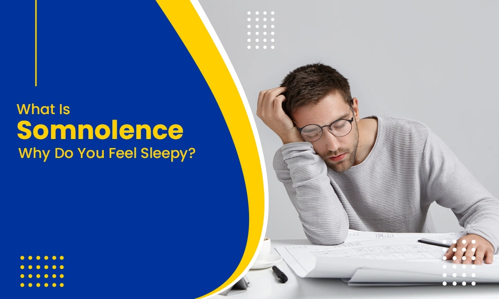 Somnolence and excessive daytime sleepiness with a tired man working at a desk