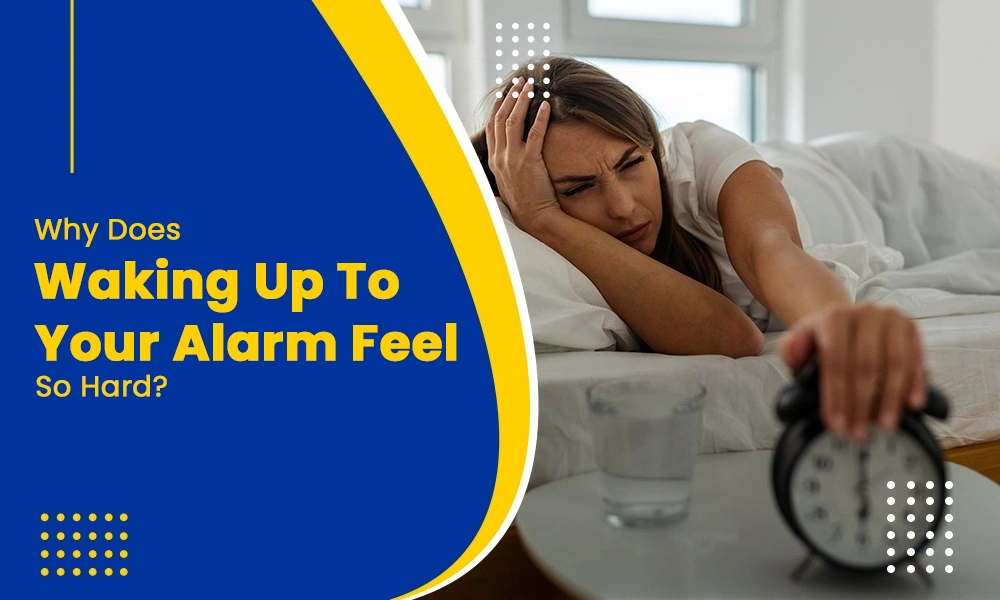A woman struggling to wake up to her alarm, highlighting morning fatigue and sleep inertia.